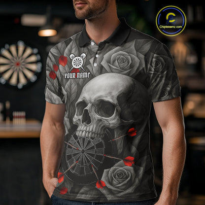 Custom Red Grey Roses Skull Dartboard Dart Men Polo Shirt Outfits Dart Team Jerseys NYN1560