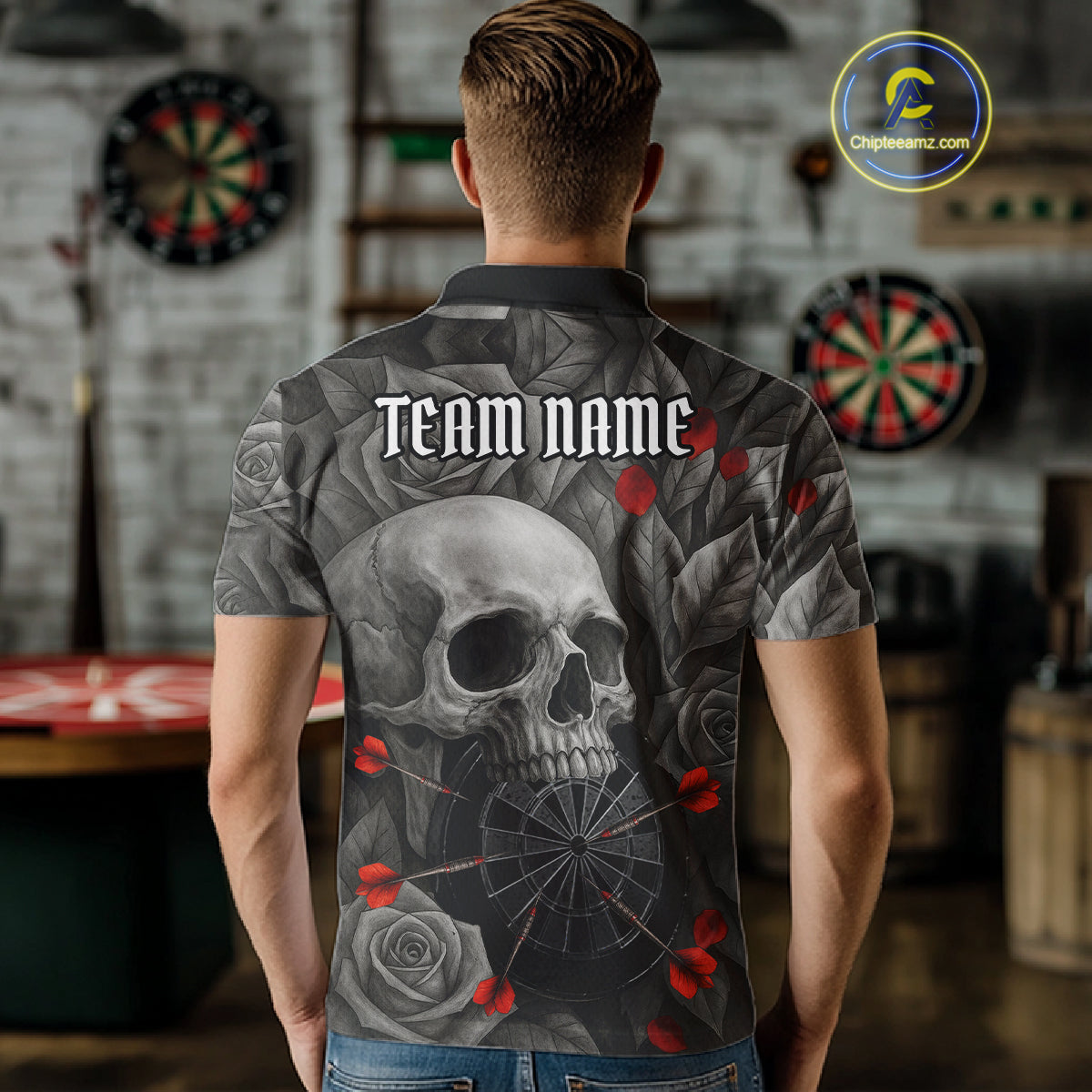 Custom Red Grey Roses Skull Dartboard Dart Men Polo Shirt Outfits Dart Team Jerseys NYN1560