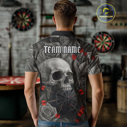 Custom Red Grey Roses Skull Dartboard Dart Men Polo Shirt Outfits Dart Team Jerseys NYN1560