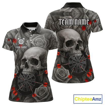 Custom Red Grey Roses Skull Dartboard Dart Women Polo Shirt Outfits Dart Team Jerseys NYN1560