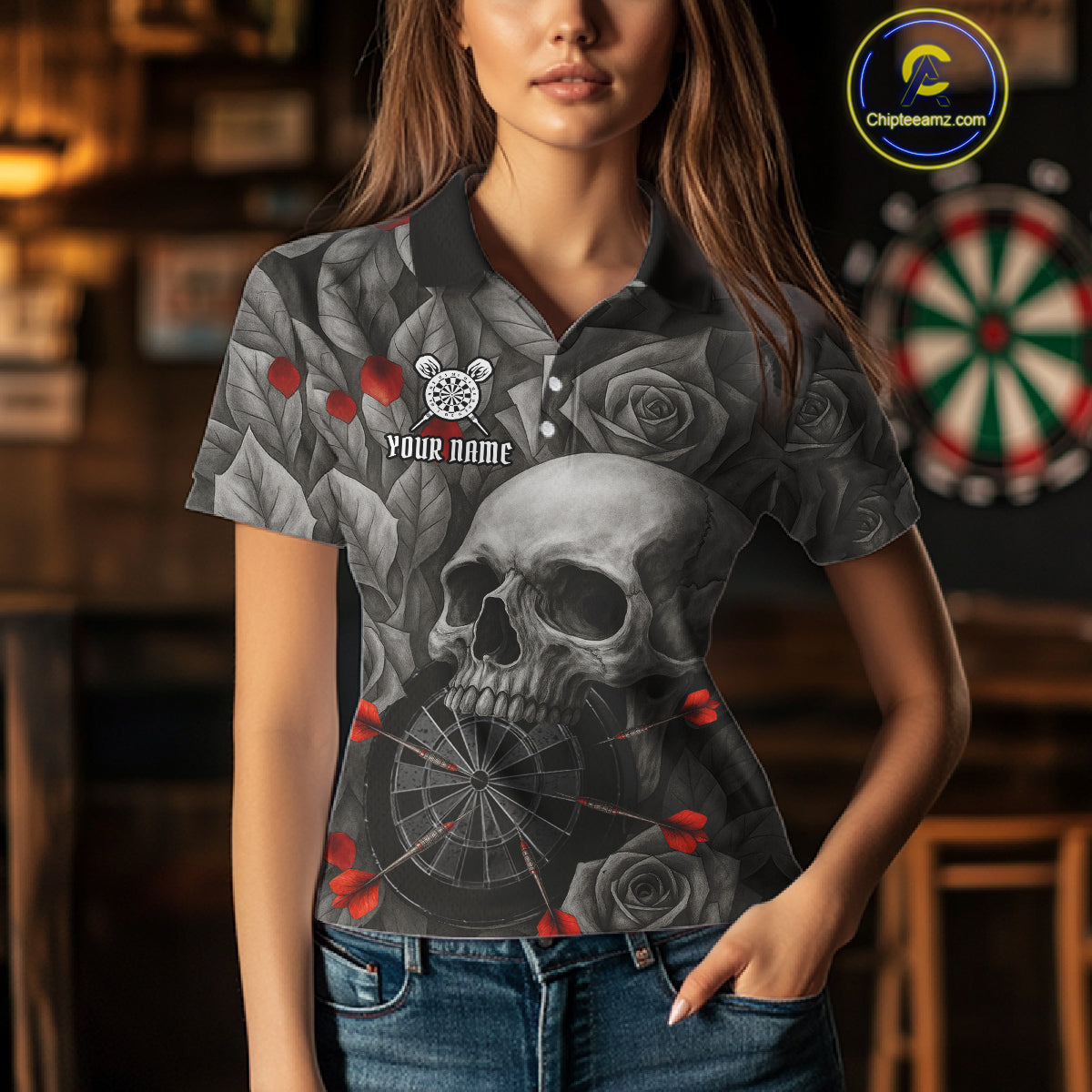 Custom Red Grey Roses Skull Dartboard Dart Women Polo Shirt Outfits Dart Team Jerseys NYN1560