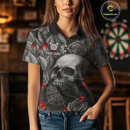 Custom Red Grey Roses Skull Dartboard Dart Women Polo Shirt Outfits Dart Team Jerseys NYN1560