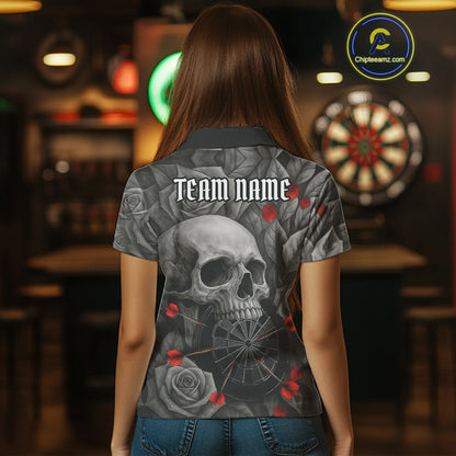 Custom Red Grey Roses Skull Dartboard Dart Women Polo Shirt Outfits Dart Team Jerseys NYN1560