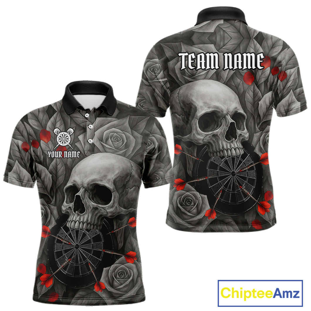 Custom Red Grey Roses Skull Dartboard Dart Men Polo Shirt Outfits Dart Team Jerseys NYN1560
