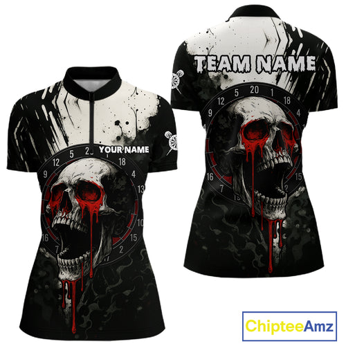 Custom Black Red Dripping Skull Dartboard Dart Women 1/4-Zip Shirt Grunge Dart Jerseys NYN1563