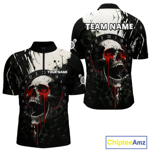 Custom Black Red Dripping Skull Dartboard Dart Men 1/4-Zip Shirt Grunge Dart Jerseys NYN1563