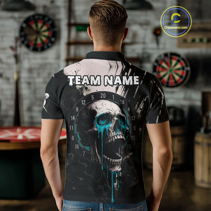 Custom Black Turquoise Dripping Skull Dartboard Dart Men Polo Shirt Grunge Dart Jerseys NYN1564