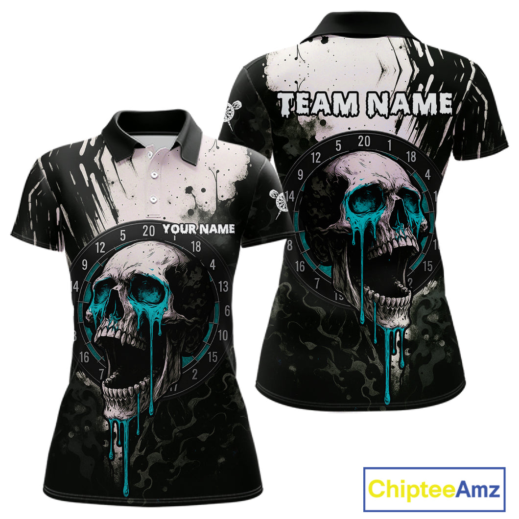 Custom Black Turquoise Dripping Skull Dartboard Dart Women Polo Shirt Grunge Dart Jerseys NYN1564