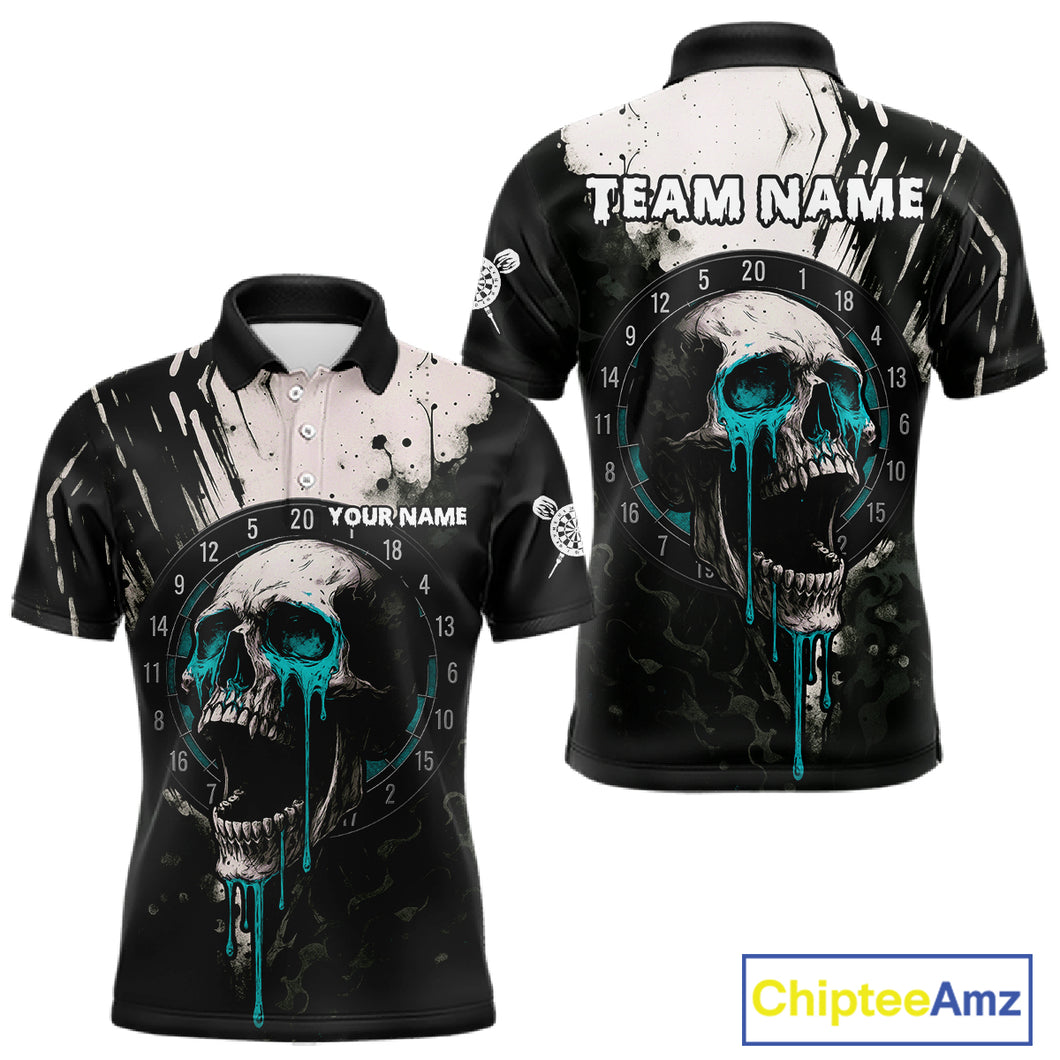 Custom Black Turquoise Dripping Skull Dartboard Dart Men Polo Shirt Grunge Dart Jerseys NYN1564