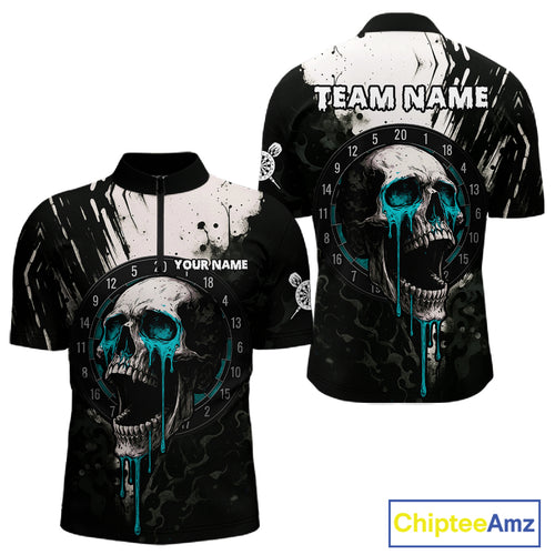 Custom Black Turquoise Dripping Skull Dartboard Dart Men 1/4-Zip Shirt Grunge Dart Jerseys NYN1564
