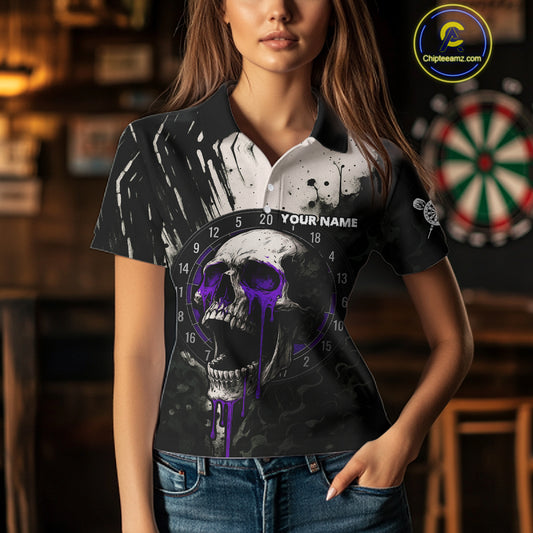 Custom Black & Purple Dripping Skull Dartboard Dart Women Polo Shirt Grunge Dart Jerseys NYN1565
