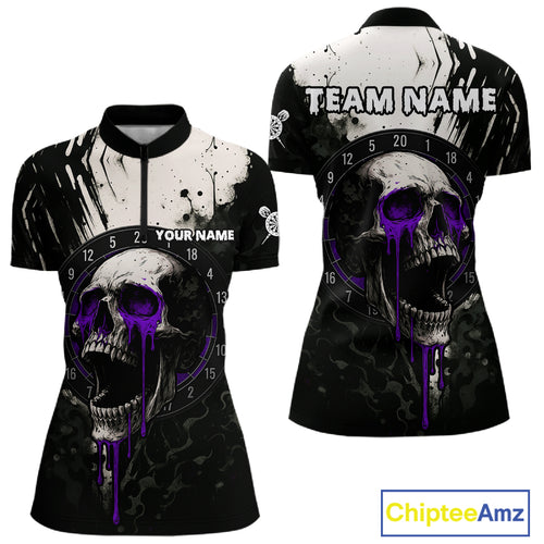 Custom Black & Purple Dripping Skull Dartboard Dart Women 1/4-Zip Shirt Grunge Dart Jerseys NYN1565