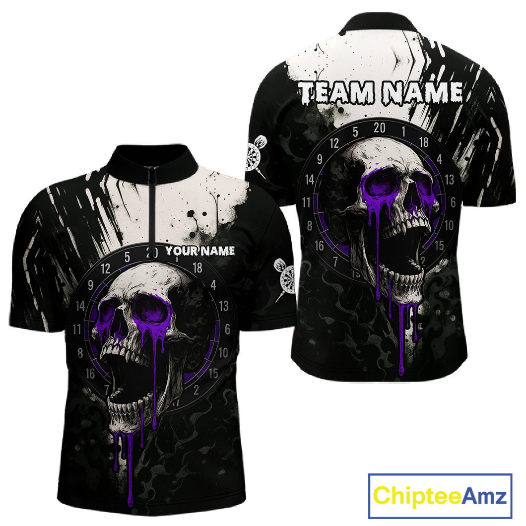 Custom Black & Purple Dripping Skull Dartboard Dart Men 1/4-Zip Shirt Grunge Dart Jerseys NYN1565