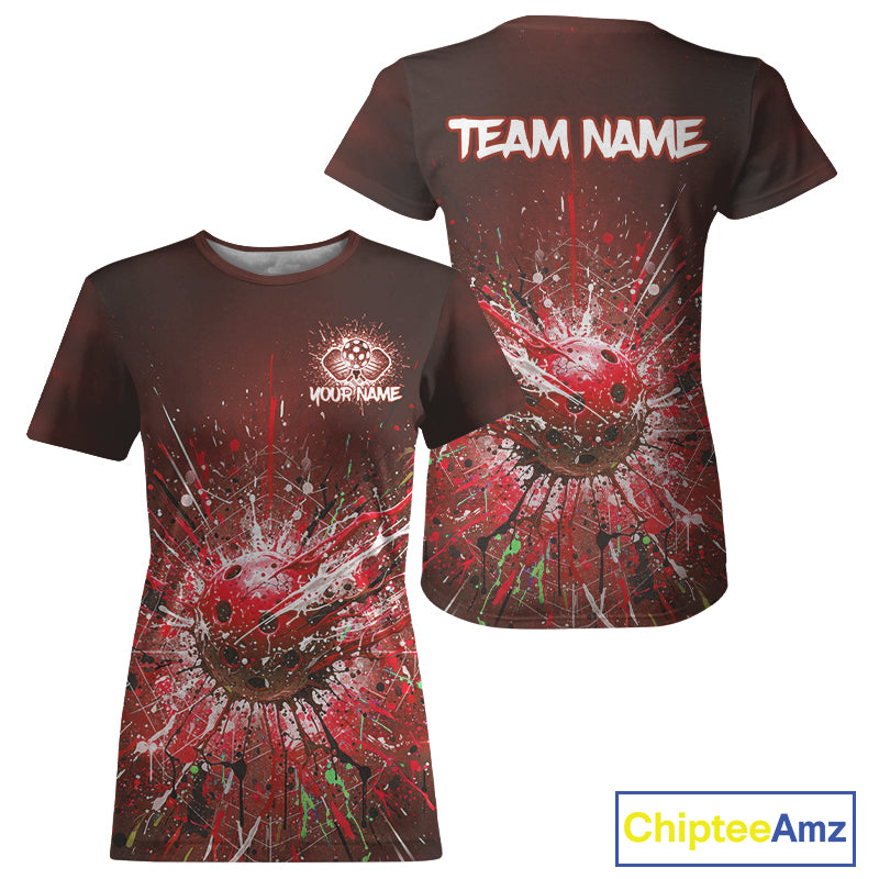 Custom Red Splatter Pickleball Ball T-Shirt Women Multi-Color Pickleball Team Jerseys NYN1871