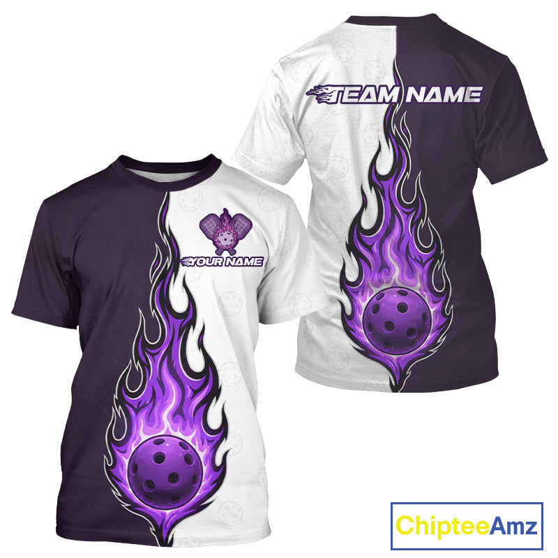 Custom White And Purple Flames Pickleball Ball T-Shirt Men's Pickleball Jersey NYN1878
