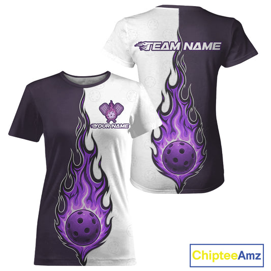Custom White And Purple Flames Pickleball Ball T-Shirt Women's Pickleball Jersey NYN1878