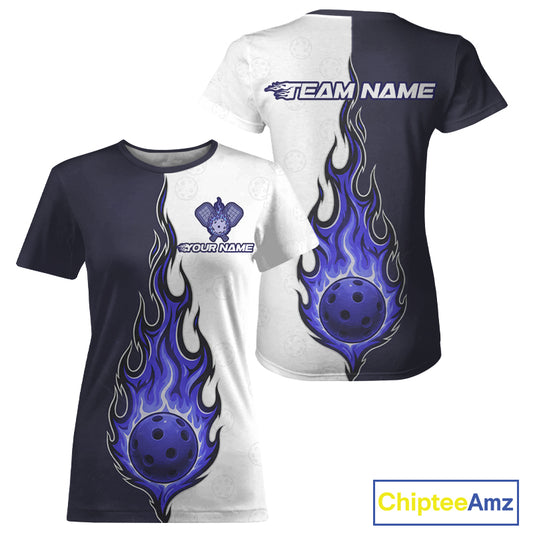 Custom White And Blue Flames Pickleball Ball T-Shirt Women's Pickleball Jersey NYN1880