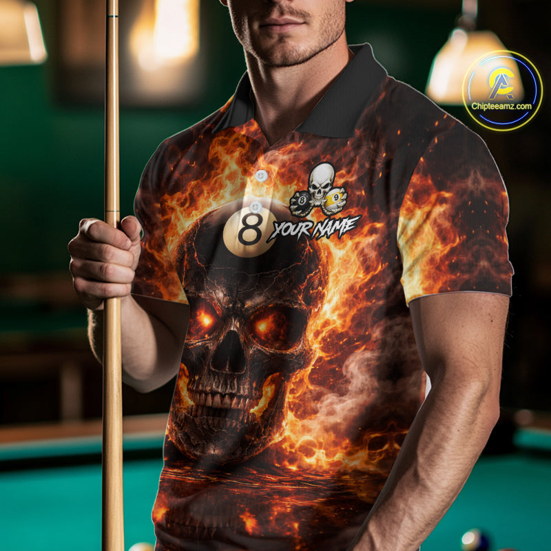 Fire Flame Skull Pool 8 Ball & 9 Ball Billiard Shirt For Men Custom Billiard Team Attire|Red NYN2628