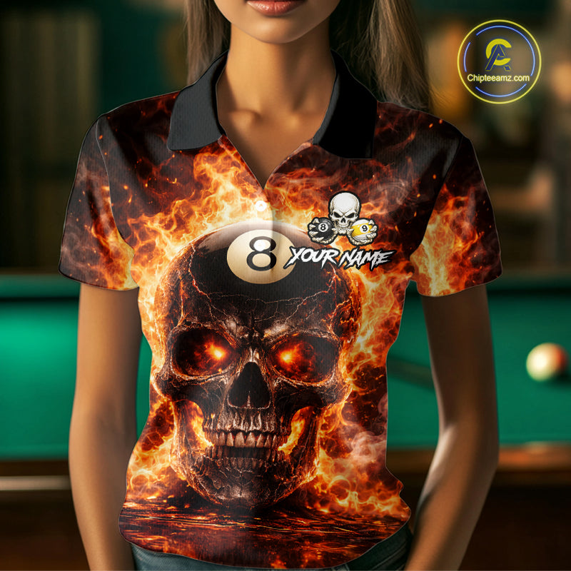 Fire Flame Skull Pool 8 Ball & 9 Ball Billiard Shirt For Women Custom Billiard Team Attire|Red NYN2628