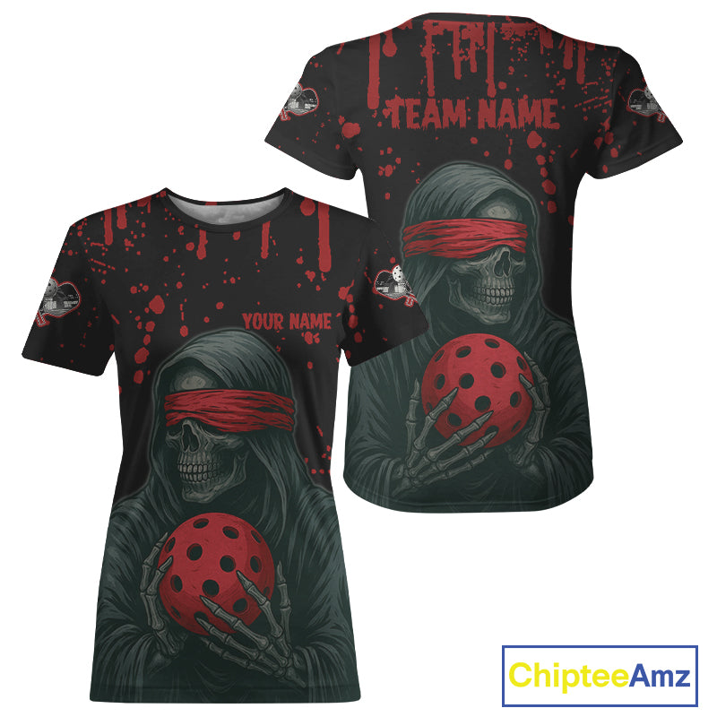 Custom Black Skeleton Splatter Red Pickleball Women T-Shirt Outfits Pickleball Jerseys NYN1590