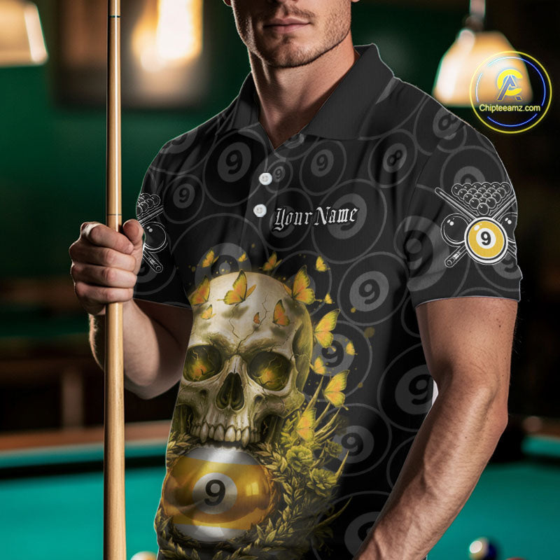 Butterfly Skull Billiard Polo & Quarter-Zip Shirts For Men Custom 9 Ball Billiard Jerseys NYN2308