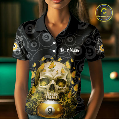 Butterfly Skull Billiard Polo & Quarter-Zip Shirts For Women Custom 9 Ball Billiard Jerseys NYN2308
