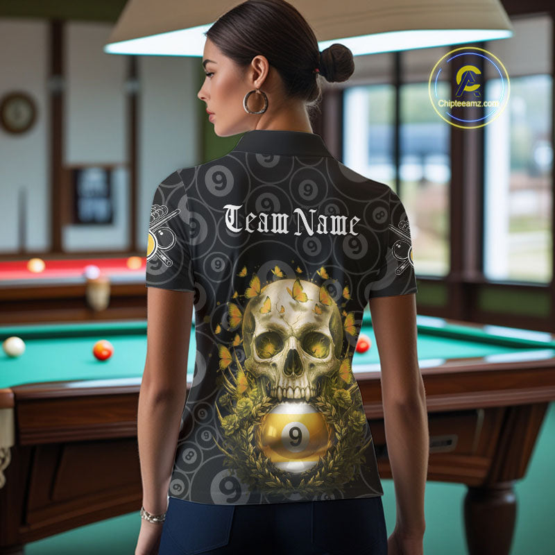 Butterfly Skull Billiard Polo & Quarter-Zip Shirts For Women Custom 9 Ball Billiard Jerseys NYN2308