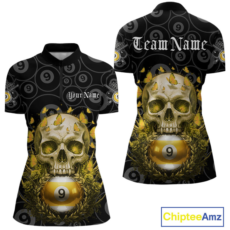 Butterfly Skull Billiard Polo & Quarter-Zip Shirts For Women Custom 9 Ball Billiard Jerseys NYN2308