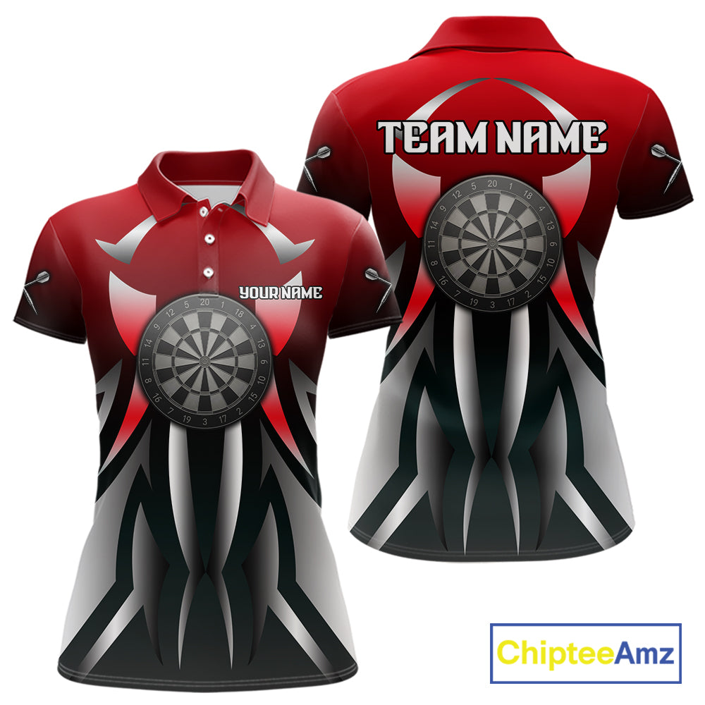 Red And Gradient Silver Darts Polo & 1/4-Zip Shirt For Women Custom Name Dart Jersey For Darters NYN3003