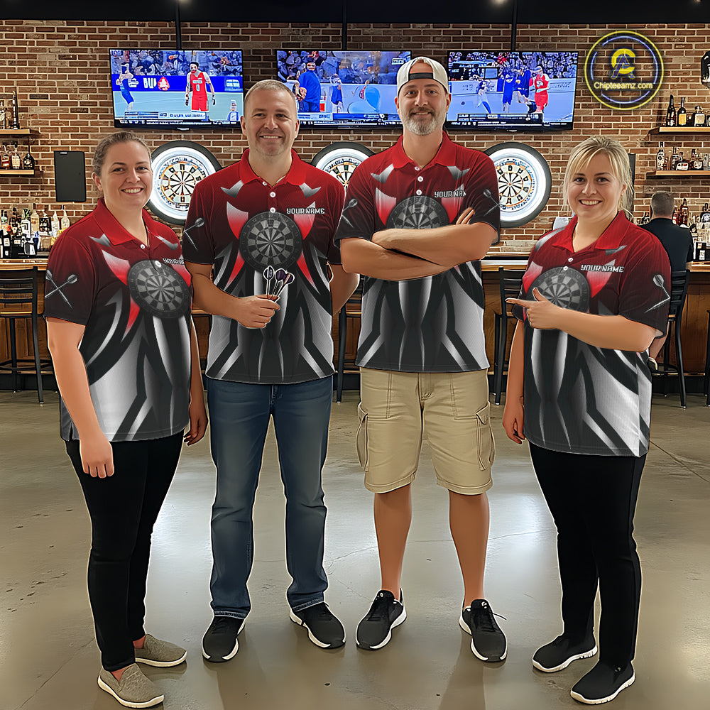 Red And Gradient Silver Darts Polo & 1/4-Zip Shirt For Women Custom Name Dart Jersey For Darters NYN3003