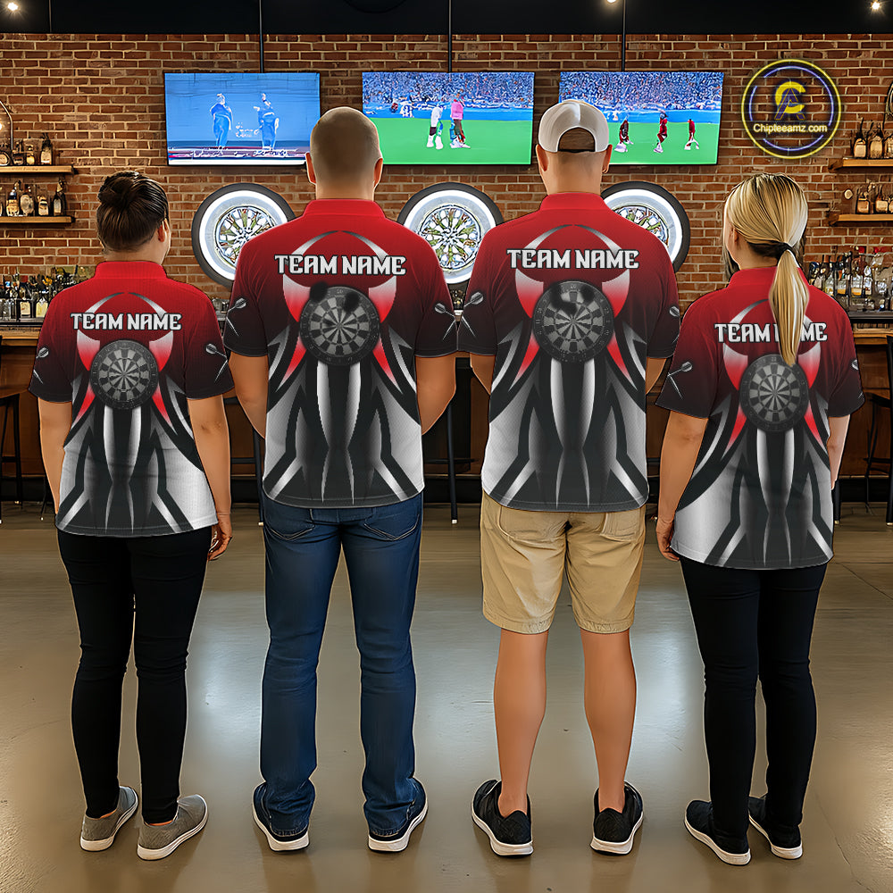 Red And Gradient Silver Darts Polo & 1/4-Zip Shirt For Women Custom Name Dart Jersey For Darters NYN3003