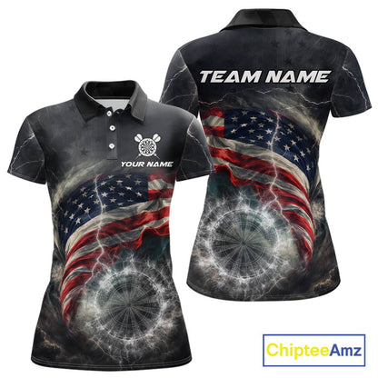 Custom American Flag Tornado White Thunder Darts Women Polo & 1/4-Zip Shirts Dart Team Jerseys NYN2807