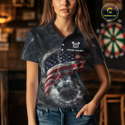 Custom American Flag Tornado White Thunder Darts Women Polo & 1/4-Zip Shirts Dart Team Jerseys NYN2807