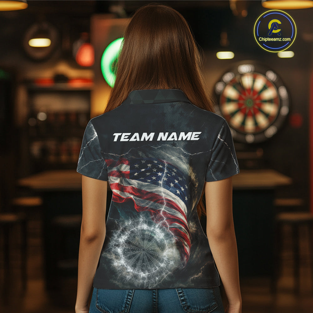 Custom American Flag Tornado White Thunder Darts Women Polo & 1/4-Zip Shirts Dart Team Jerseys NYN2807