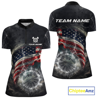 Custom American Flag Tornado White Thunder Darts Women Polo & 1/4-Zip Shirts Dart Team Jerseys NYN2807