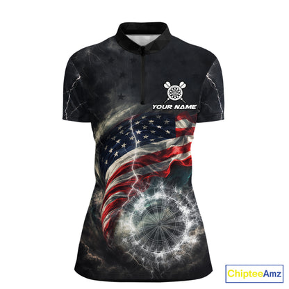 Custom American Flag Tornado White Thunder Darts Women Polo & 1/4-Zip Shirts Dart Team Jerseys NYN2807