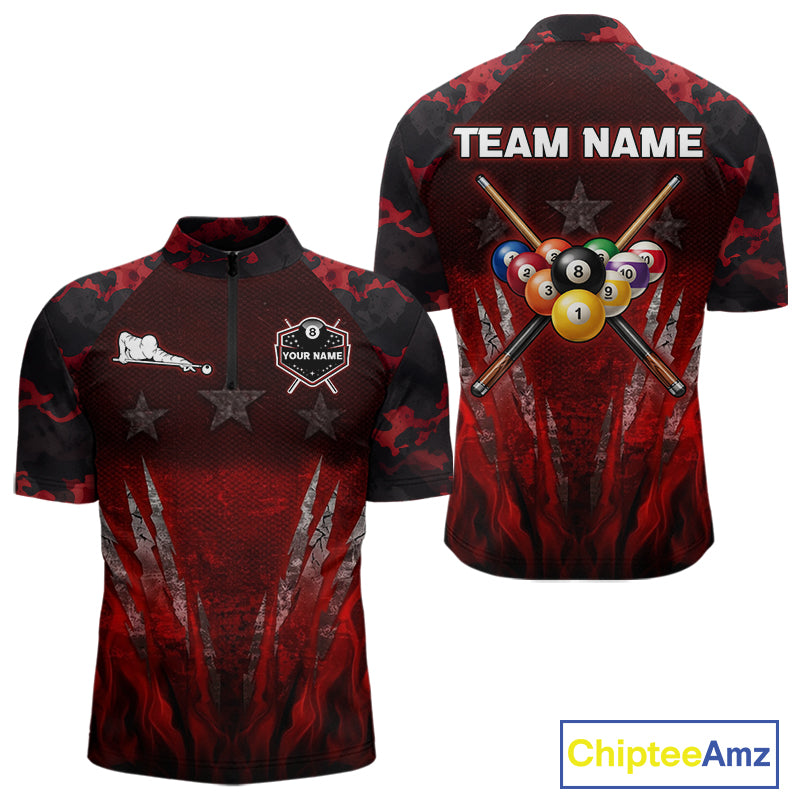 Personalized Gunge 8 Ball Pool Billiard Polo & 1/4 Zip For Men Custom Red Camoflage Billiard Attire NYN3017