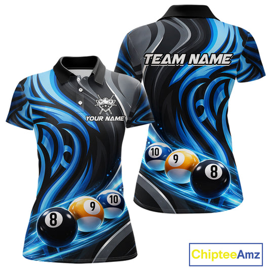 Black And Blue Tribal Light 8 Ball Pool Women Polo & 1/4-Zip Shirt Custom Billiards Ball Jerseys NYN2430