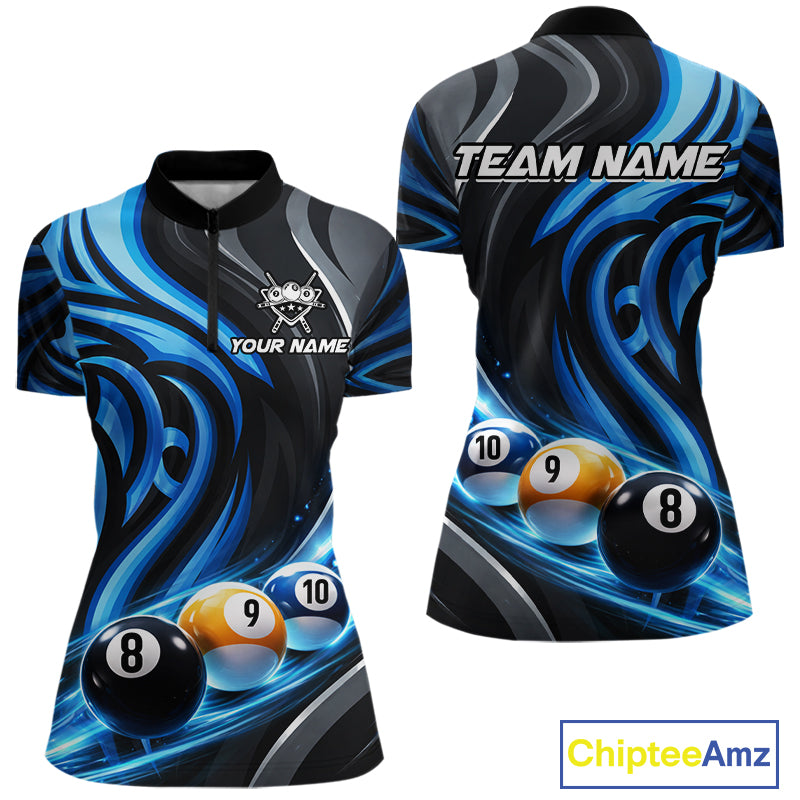 Black And Blue Tribal Light 8 Ball Pool Women Polo & 1/4-Zip Shirt Custom Billiards Ball Jerseys NYN2430