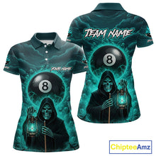 Load image into Gallery viewer, Teal Thunder Grim Reaper 8 Ball Pool Women Polo &amp; 1/4-Zip Shirt Custom Billiard Ball &amp; Cue Gifts NYN2436
