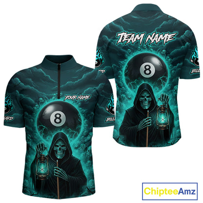 Teal Thunder Grim Reaper 8 Ball Pool Men Polo & 1/4-Zip Shirt Custom Billiard Ball & Cue Gifts NYN2436