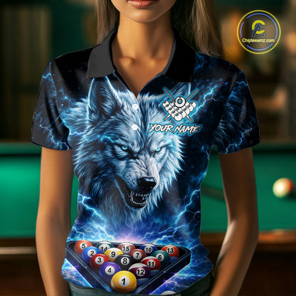 Custom Blue Horror Wolf Billiard Shirts For Women Thunder Lightning Billiard Team League Jerseys NYN3014
