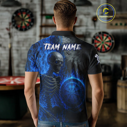 Custom Grey And Blue Flames Dartboard Skeleton Dart Men Polo Shirt Dart Team Jerseys NYN1628