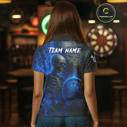 Custom Grey And Blue Flames Dartboard Skeleton Dart Women Polo Shirt Dart Team Jerseys NYN1628