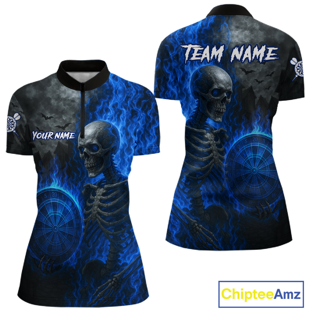 Custom Grey And Blue Flames Dartboard Skeleton Dart Women Quarter-Zip Shirt Dart Team Jerseys NYN1628