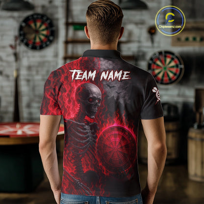 Custom Grey And Red Flames Dartboard Skeleton Dart Men Polo Shirt Dart Team Jerseys NYN1629