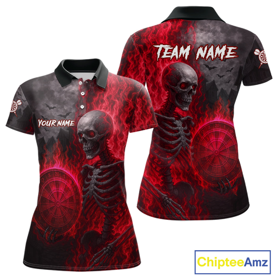 Custom Grey And Red Flames Dartboard Skeleton Dart Women  Polo Shirt Dart Team Jerseys NYN1629