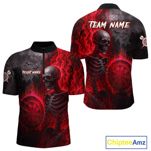 Custom Grey And Red Flames Dartboard Skeleton Dart Men Quarter-Zip Shirt Dart Team Jerseys NYN1629