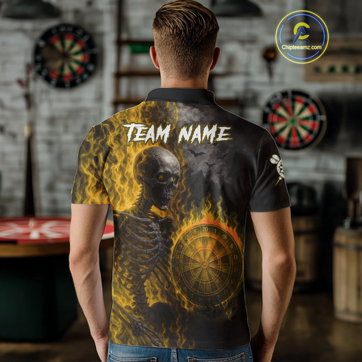 Custom Grey And Yellow Flames Dartboard Skeleton Dart Men Polo Shirt Dart Team Jerseys NYN1630