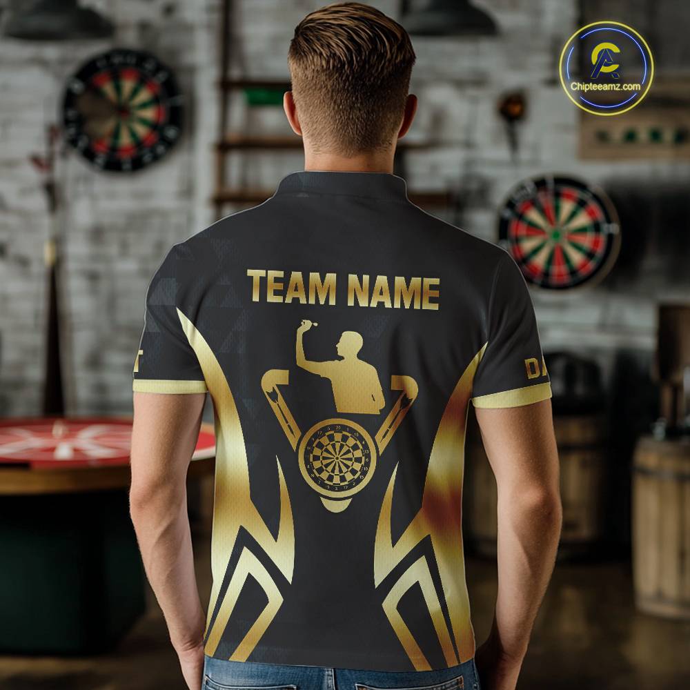 Black & Gold Human Play Dartboard Men Dart Shirts Custom Darts Polo Team Jersey NYN2449
